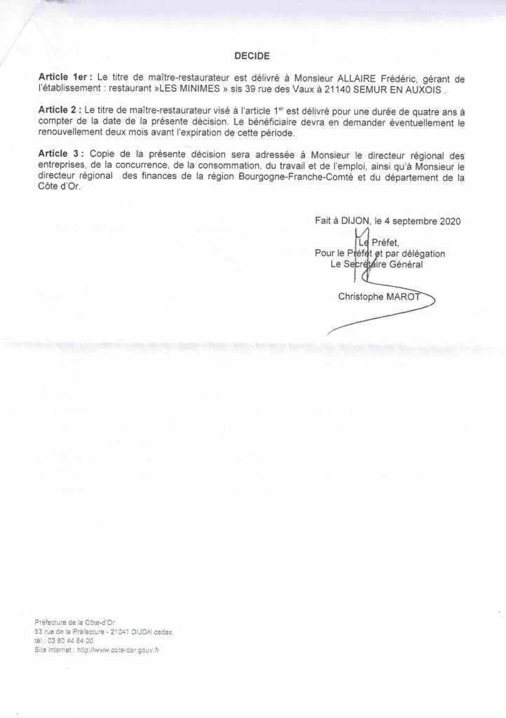 Décision signée d'attribution du titre de maître restaurateur à Frédéric Allaire